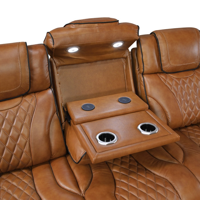 8449BR-3PWHM Power Double Reclining Sofa with Center Drop-Down Cup Holders, Power Headrests, Storage Arms with Cup holders, Reading Lights, Wireless Charger, Air Massage and Heat, LED Lighting and Charging Ports - 8449BR-3PWHM