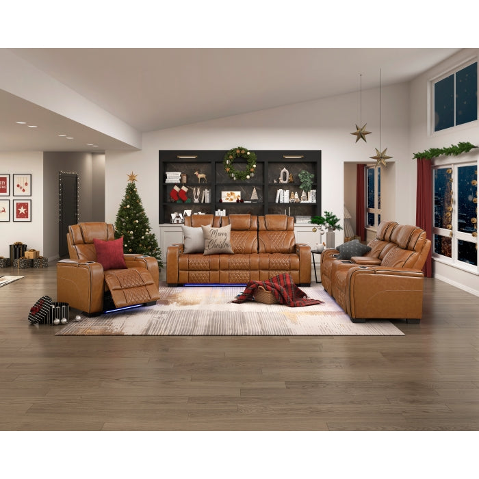 8449BR-3PWHM Power Double Reclining Sofa with Center Drop-Down Cup Holders, Power Headrests, Storage Arms with Cup holders, Reading Lights, Wireless Charger, Air Massage and Heat, LED Lighting and Charging Ports - 8449BR-3PWHM