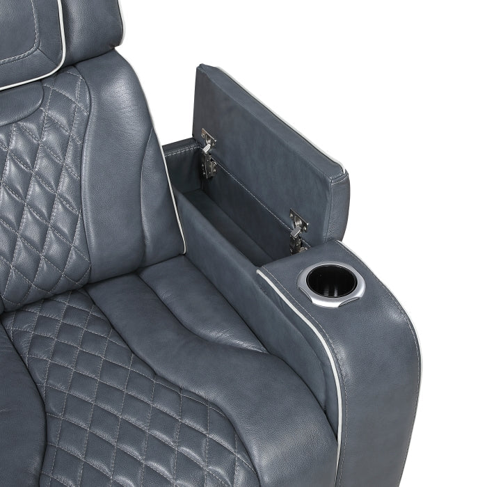 8449BU-1PWHM Power Reclining Chair with Power Headrest, Storage Arms with Cup Holders, Air Massage and Heat, LED Lighting and Charging Ports - 8449BU-1PWHM