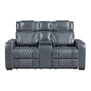 8449BU-2PWHM Power Double Reclining Love Seat with Center Console, Power Headrests, Storage Arms with Cup Holders, Wireless charger,  Air Massage and Heat, LED Lighting and Charging Ports - 8449BU-2PWHM