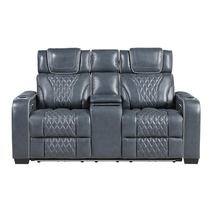 8449BU-2PWHM Power Double Reclining Love Seat with Center Console, Power Headrests, Storage Arms with Cup Holders, Wireless charger,  Air Massage and Heat, LED Lighting and Charging Ports - 8449BU-2PWHM