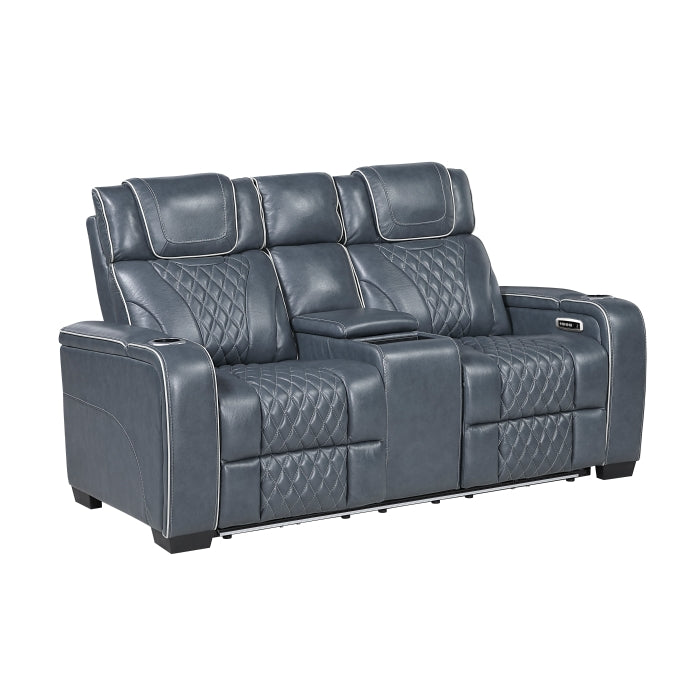 8449BU-2PWHM Power Double Reclining Love Seat with Center Console, Power Headrests, Storage Arms with Cup Holders, Wireless charger,  Air Massage and Heat, LED Lighting and Charging Ports - 8449BU-2PWHM