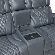 8449BU-2PWHM Power Double Reclining Love Seat with Center Console, Power Headrests, Storage Arms with Cup Holders, Wireless charger,  Air Massage and Heat, LED Lighting and Charging Ports - 8449BU-2PWHM