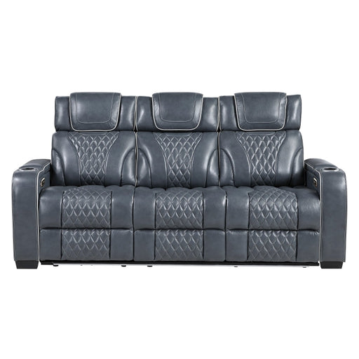 8449BU-3PWHM Power Double Reclining Sofa with Center Drop-Down Cup Holders, Power Headrests, Storage Arms with Cup holders, Reading Lights, Wireless Charger, Air Massage and Heat, LED Lighting and Charging Ports - 8449BU-3PWHM
