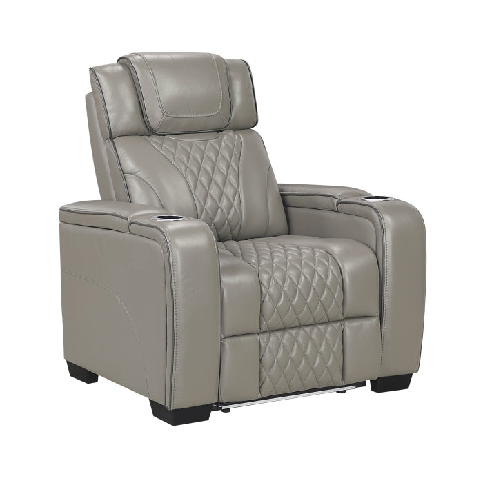 8449GY-1PWHM Power Reclining Chair with Power Headrest, Storage Arms with Cup Holders, Air Massage and Heat, LED Lighting and Charging Ports - 8449GY-1PWHM