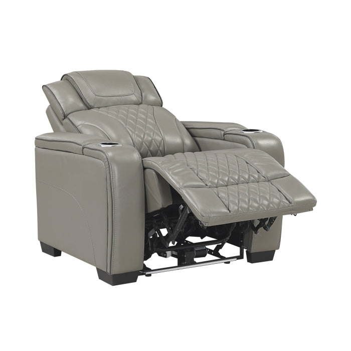 8449GY-1PWHM Power Reclining Chair with Power Headrest, Storage Arms with Cup Holders, Air Massage and Heat, LED Lighting and Charging Ports - 8449GY-1PWHM