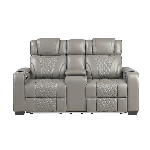 8449GY-2PWHM Power Double Reclining Love Seat with Center Console, Power Headrests, Storage Arms with Cup Holders, Wireless charger,  Air Massage and Heat, LED Lighting and Charging Ports - 8449GY-2PWHM