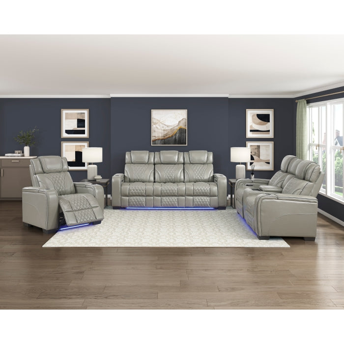 8449GY-2PWHM Power Double Reclining Love Seat with Center Console, Power Headrests, Storage Arms with Cup Holders, Wireless charger,  Air Massage and Heat, LED Lighting and Charging Ports - 8449GY-2PWHM