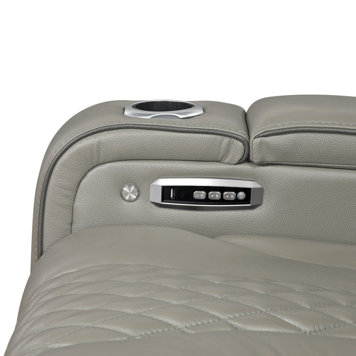8449GY-2PWHM Power Double Reclining Love Seat with Center Console, Power Headrests, Storage Arms with Cup Holders, Wireless charger,  Air Massage and Heat, LED Lighting and Charging Ports - 8449GY-2PWHM