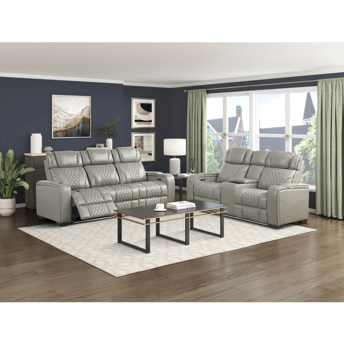 8449GY-3PWHM Power Double Reclining Sofa with Center Drop-Down Cup Holders, Power Headrests, Storage Arms with Cup holders, Reading Lights, Wireless Charger, Air Massage and Heat, LED Lighting and Charging Ports - 8449GY-3PWHM