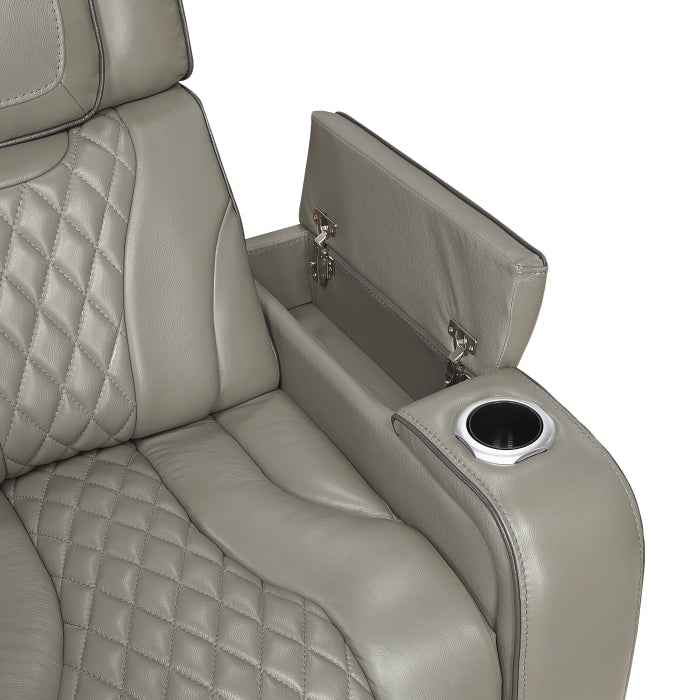 8449GY-3PWHM Power Double Reclining Sofa with Center Drop-Down Cup Holders, Power Headrests, Storage Arms with Cup holders, Reading Lights, Wireless Charger, Air Massage and Heat, LED Lighting and Charging Ports - 8449GY-3PWHM