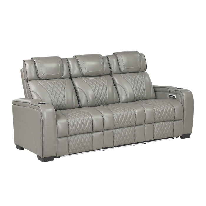 8449GY-3PWHM Power Double Reclining Sofa with Center Drop-Down Cup Holders, Power Headrests, Storage Arms with Cup holders, Reading Lights, Wireless Charger, Air Massage and Heat, LED Lighting and Charging Ports - 8449GY-3PWHM