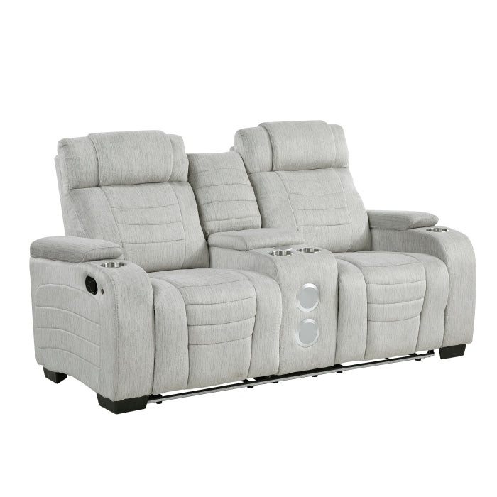 8455GRY-2 Double Reclining Love Seat with Center Console, Wireless Speakers, Storage Arms, Cup holders and LED - 8455GRY-2