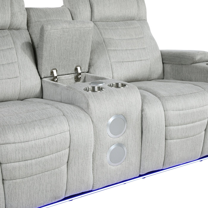 8455GRY-2 Double Reclining Love Seat with Center Console, Wireless Speakers, Storage Arms, Cup holders and LED - 8455GRY-2