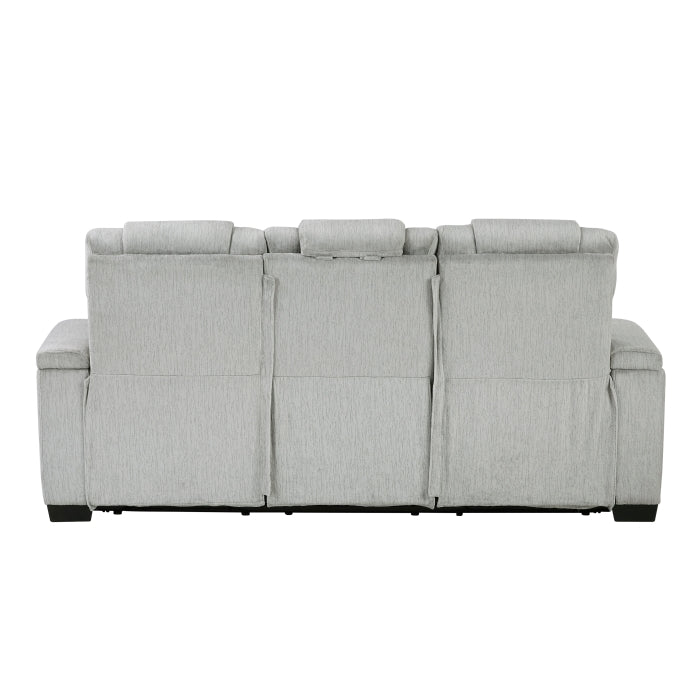 8455GRY-3 Double Reclining Sofa with Center Drop-Down Cup Holders, Storage Arms, Cup Holders, Reading Lights, Magazine Bag, Receptacles, Charging Ports and LED - 8455GRY-3
