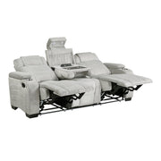 8455GRY-3 Double Reclining Sofa with Center Drop-Down Cup Holders, Storage Arms, Cup Holders, Reading Lights, Magazine Bag, Receptacles, Charging Ports and LED - 8455GRY-3