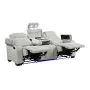 8455GRY-3 Double Reclining Sofa with Center Drop-Down Cup Holders, Storage Arms, Cup Holders, Reading Lights, Magazine Bag, Receptacles, Charging Ports and LED - 8455GRY-3