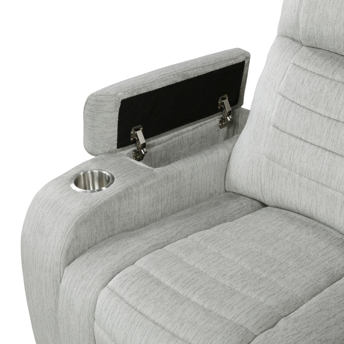8455GRY-3 Double Reclining Sofa with Center Drop-Down Cup Holders, Storage Arms, Cup Holders, Reading Lights, Magazine Bag, Receptacles, Charging Ports and LED - 8455GRY-3