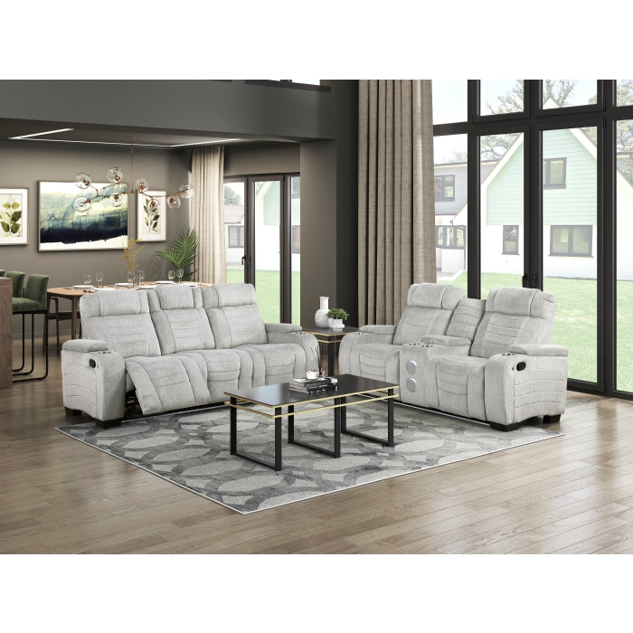 8455GRY-3 Double Reclining Sofa with Center Drop-Down Cup Holders, Storage Arms, Cup Holders, Reading Lights, Magazine Bag, Receptacles, Charging Ports and LED - 8455GRY-3