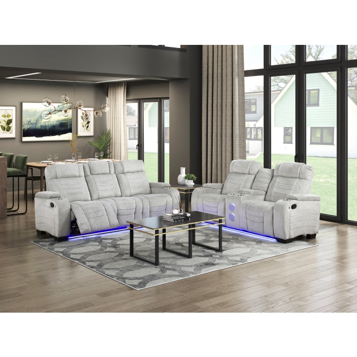 8455GRY-3 Double Reclining Sofa with Center Drop-Down Cup Holders, Storage Arms, Cup Holders, Reading Lights, Magazine Bag, Receptacles, Charging Ports and LED - 8455GRY-3