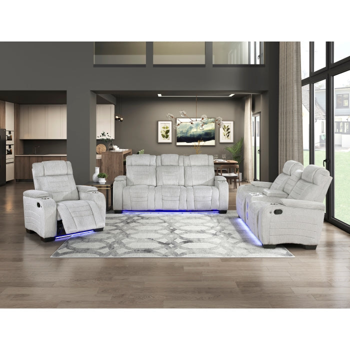 8455GRY-3 Double Reclining Sofa with Center Drop-Down Cup Holders, Storage Arms, Cup Holders, Reading Lights, Magazine Bag, Receptacles, Charging Ports and LED - 8455GRY-3