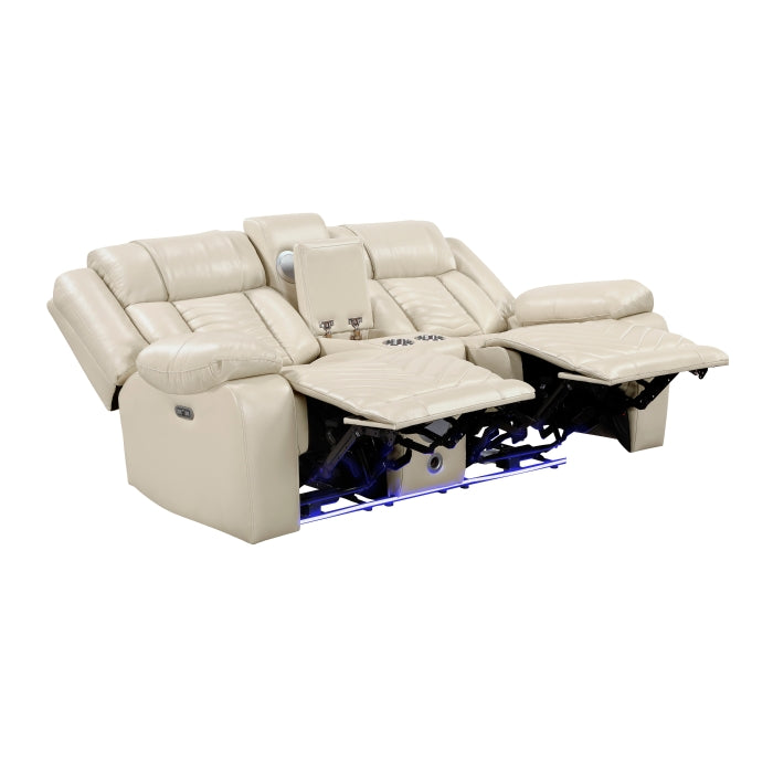 8457BEG-2PW Power Double Reclining Love Seat with Center Console, Wireless Speakers, LED and Charging Ports - 8457BEG-2PW
