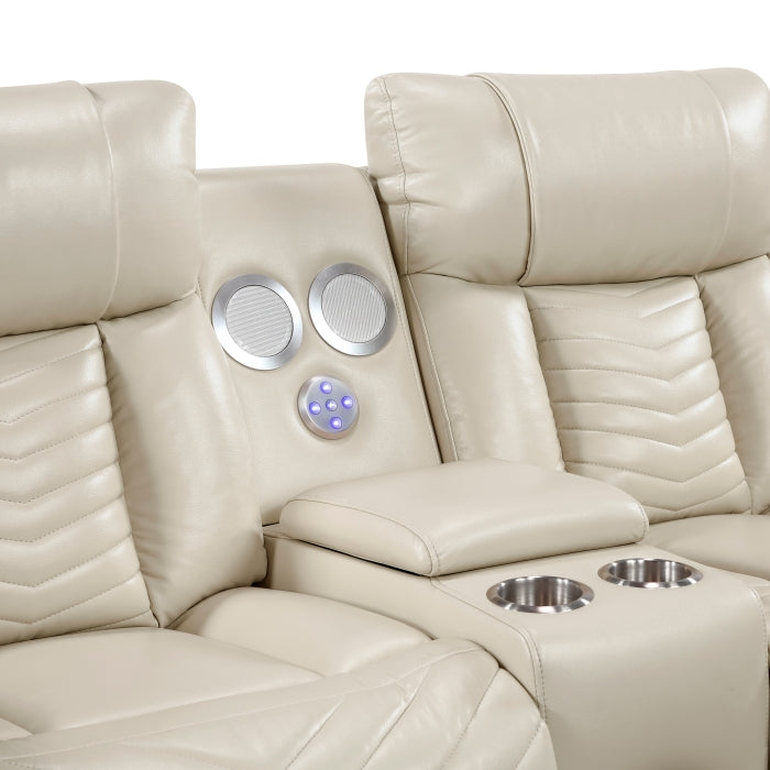 8457BEG-2PW Power Double Reclining Love Seat with Center Console, Wireless Speakers, LED and Charging Ports - 8457BEG-2PW