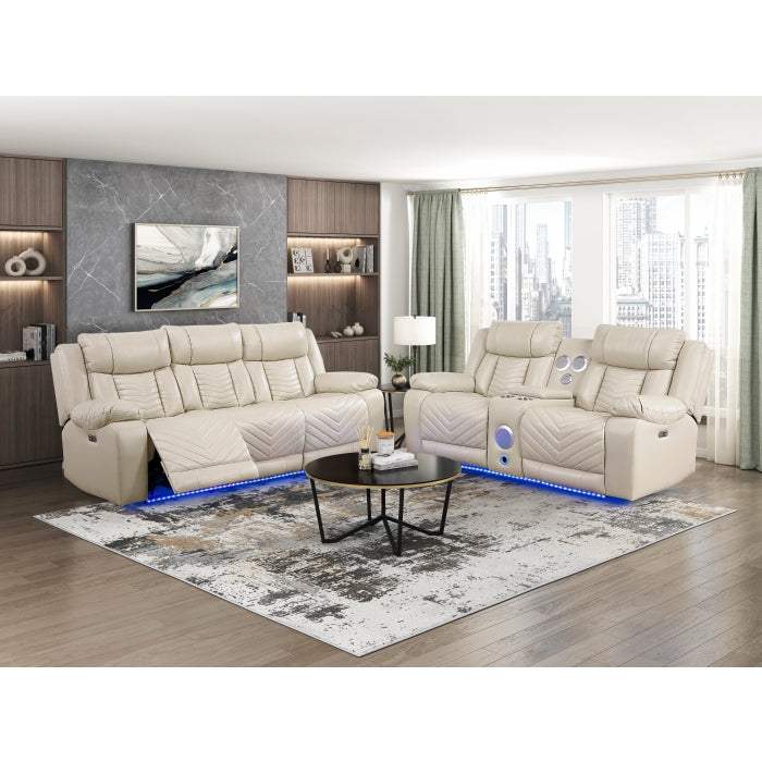8457BEG-2PW Power Double Reclining Love Seat with Center Console, Wireless Speakers, LED and Charging Ports - 8457BEG-2PW