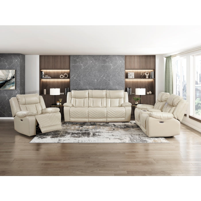 8457BEG-3PW Power Double Reclining Sofa with Center Drop-Down Cup Holders, Wireless Charger, Magazine Bag, LED and Charging Ports - 8457BEG-3PW