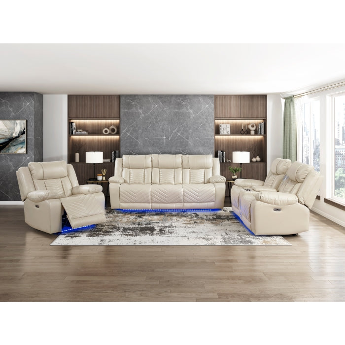 8457BEG-3PW Power Double Reclining Sofa with Center Drop-Down Cup Holders, Wireless Charger, Magazine Bag, LED and Charging Ports - 8457BEG-3PW
