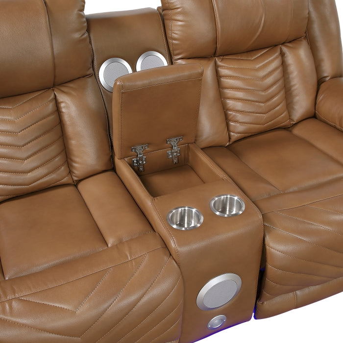 8457BRW-2PW Power Double Reclining Love Seat with Center Console, Wireless Speakers, LED and Charging Ports - 8457BRW-2PW