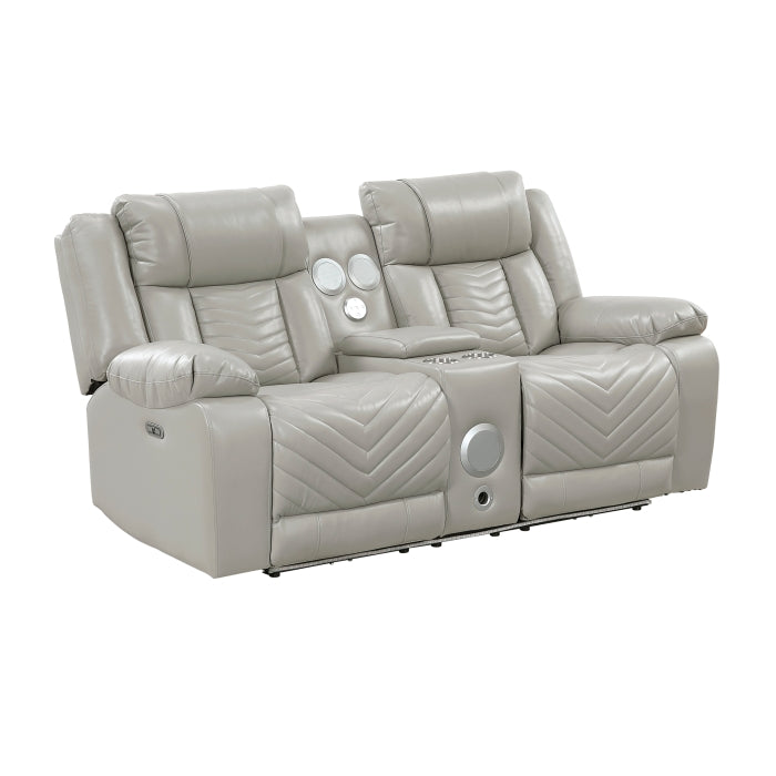 8457GRY-2PW Power Double Reclining Love Seat with Center Console, Wireless Speakers, LED and Charging Ports - 8457GRY-2PW