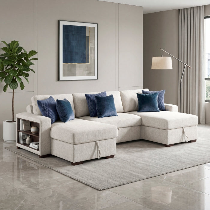 8548BE*4VC15ACLA2 (4)3-Piece Sectional with Two Reversible Chaises, Pull-out Bed, Hidden Storage, Click Motion Back and Two Arms with Shelves and Charging Ports - 8548BE*4VC15ACLA2