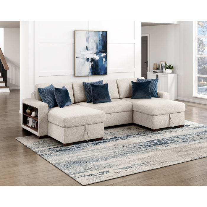 8548BE*4VC15ACLA2 (4)3-Piece Sectional with Two Reversible Chaises, Pull-out Bed, Hidden Storage, Click Motion Back and Two Arms with Shelves and Charging Ports - 8548BE*4VC15ACLA2