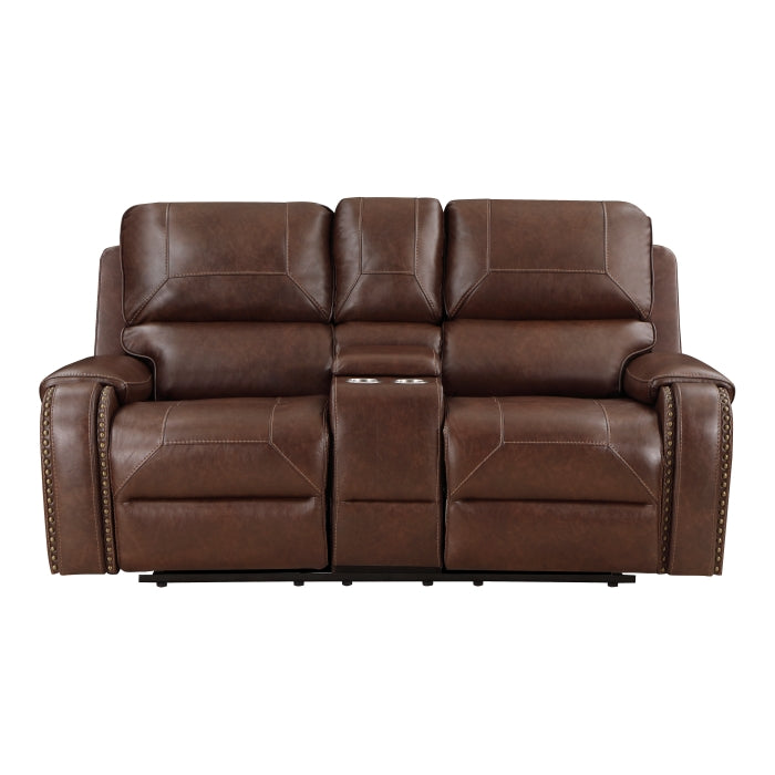 8549BRW-2 Double Glider Reclining Love Seat with Center Console, Receptacles and USB Ports - 8549BRW-2