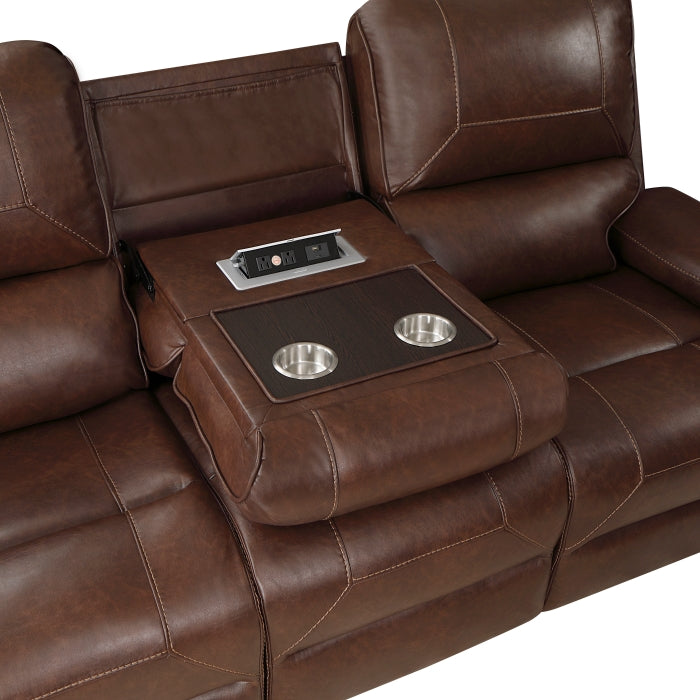 8549BRW-3 Double Reclining Sofa with Center Drop-Down Cup Holders, Receptacles and USB Ports - 8549BRW-3