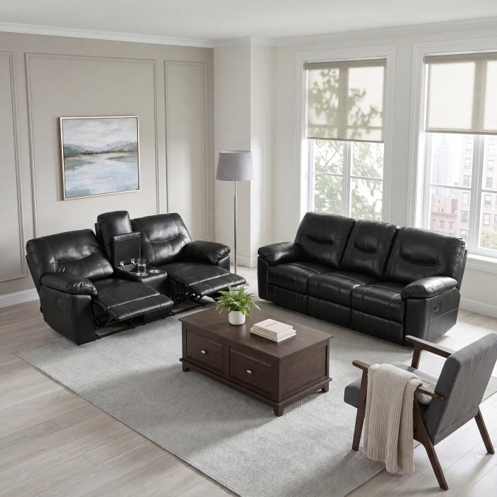 9037BLK-3 Double Reclining Sofa with Drop-Down Cup Holders - 9037BLK-3