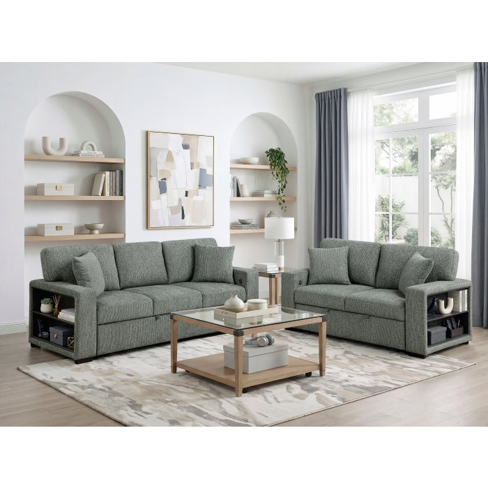 9050GRN-3SL Sofa with Pull-out Bed, Center Drop-down Cup Holders, Arms with Shelves and Charging Ports - 9050GRN-3SL