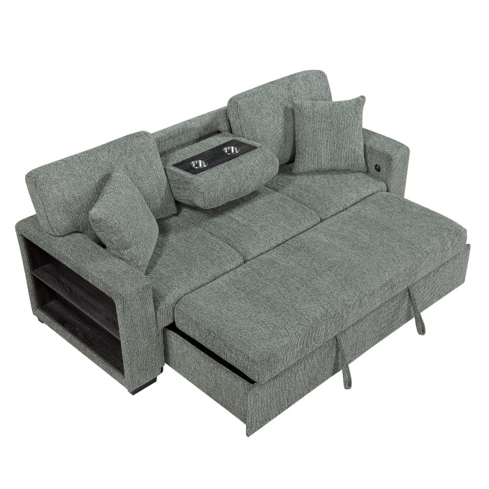 9050GRN-3SL Sofa with Pull-out Bed, Center Drop-down Cup Holders, Arms with Shelves and Charging Ports - 9050GRN-3SL
