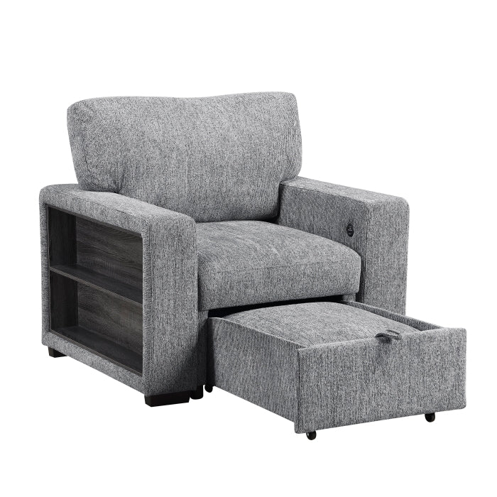 9050GRY-1SL Chair with Pull-out Ottoman, Arms with Shelves and Charging Ports - 9050GRY-1SL