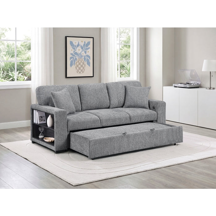 9050GRY-3SL Sofa with Pull-out Bed, Center Drop-down Cup Holders, Arms with Shelves and Charging Ports - 9050GRY-3SL