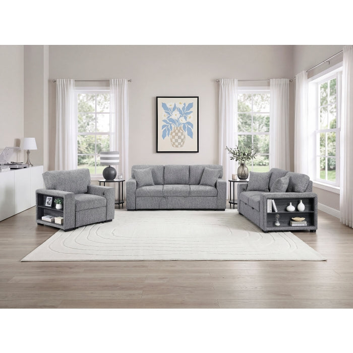 9050GRY-3SL Sofa with Pull-out Bed, Center Drop-down Cup Holders, Arms with Shelves and Charging Ports - 9050GRY-3SL