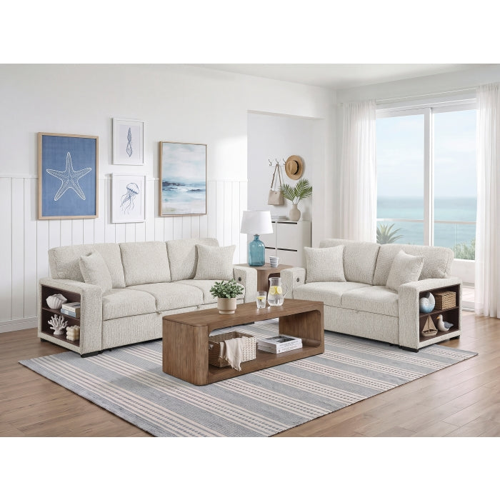 9050TPE-3SL Sofa with Pull-out Bed, Center Drop-down Cup Holders, Arms with Shelves and Charging Ports - 9050TPE-3SL