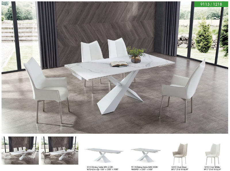 9113 Dining Table with 1218 swivel White Chairs SET - p11818