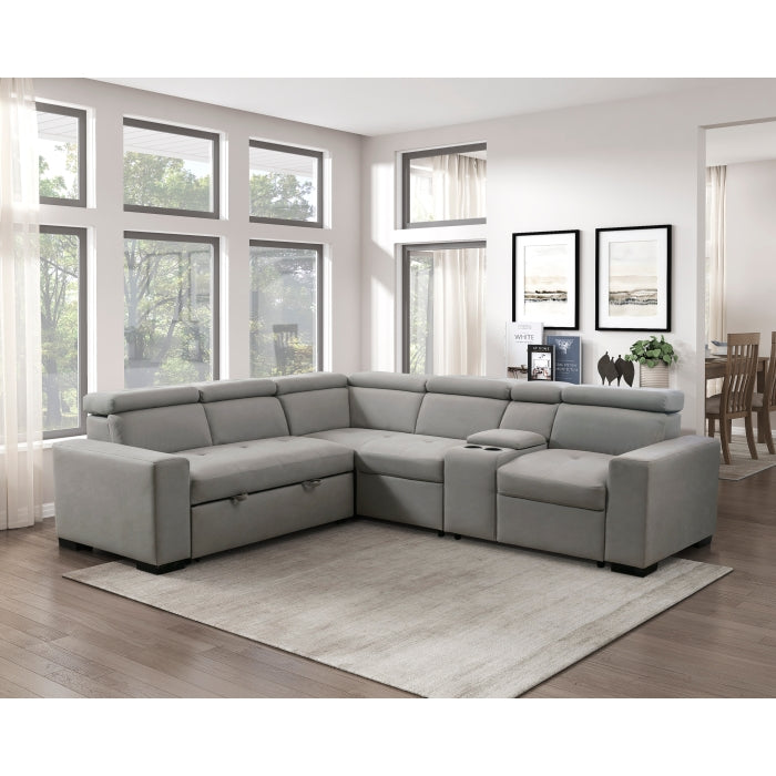 9219GY*SC (3)3-Piece Sectional with Adjustable Headrests, Pull-out Bed and Console - 9219GY*SC