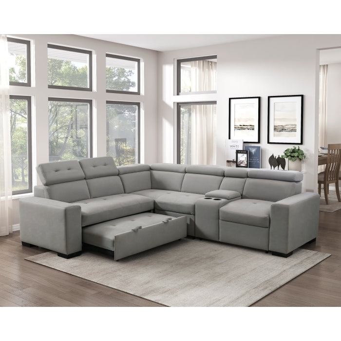 9219GY*SC (3)3-Piece Sectional with Adjustable Headrests, Pull-out Bed and Console - 9219GY*SC