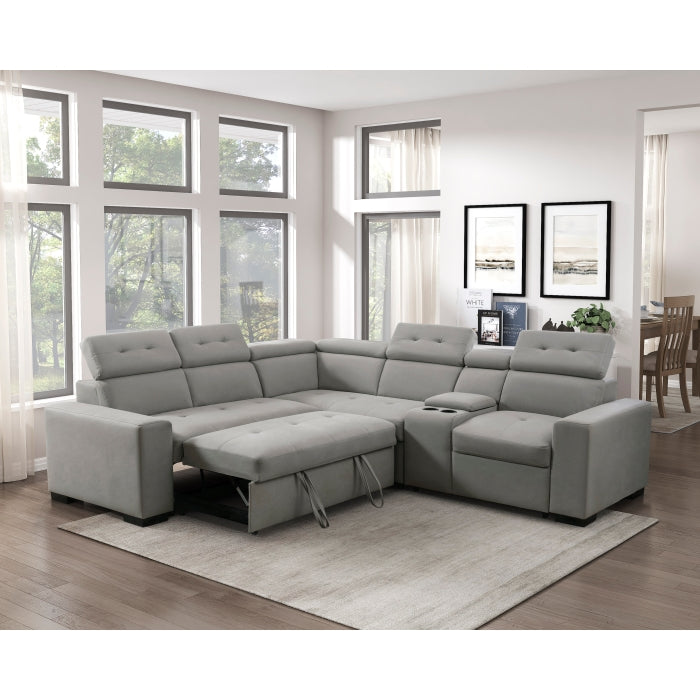 9219GY*SC (3)3-Piece Sectional with Adjustable Headrests, Pull-out Bed and Console - 9219GY*SC
