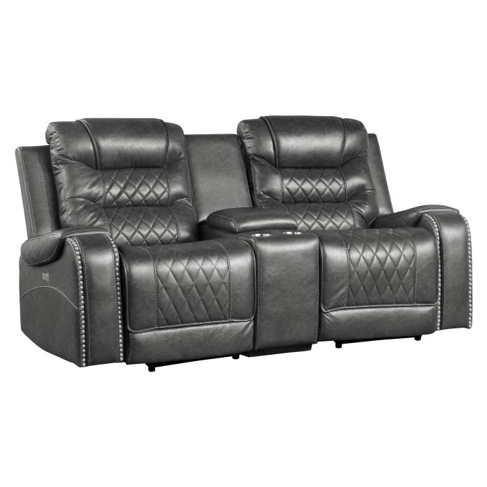 9405GY-2PW Power Double Reclining Love Seat with Center Console, Receptacles and USB Ports - 9405GY-2PW