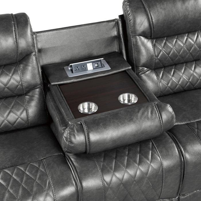 9405GY-3 Double Reclining Sofa with Center Drop-Down Cup Holders, Receptacles and USB Ports - 9405GY-3