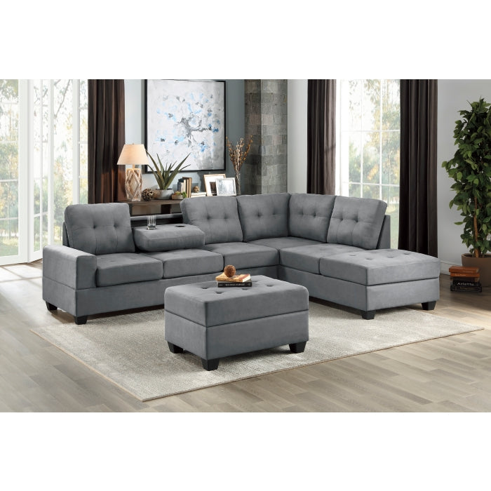 9507DGY*3OT (3)3-Piece Reversible Sectional with Drop-Down Cup Holders and Storage Ottoman - 9507DGY*3OT